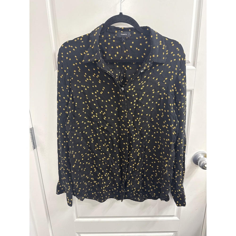 Theory Black Yellow Star Print Silk Button Down Shirt Classic Straight Large